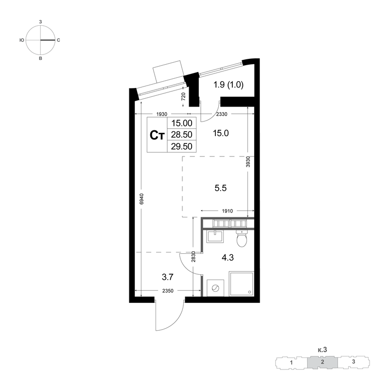 Студия 28,5 м²
