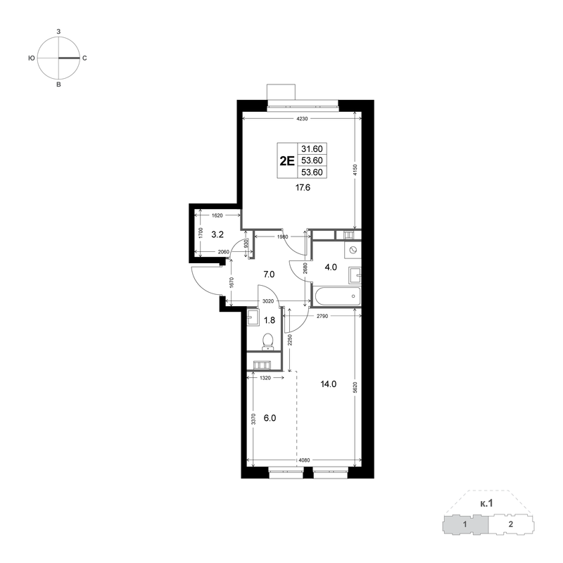 2 ккв (Евро) 53,7 м²