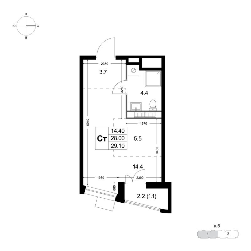 Студия 28 м²
