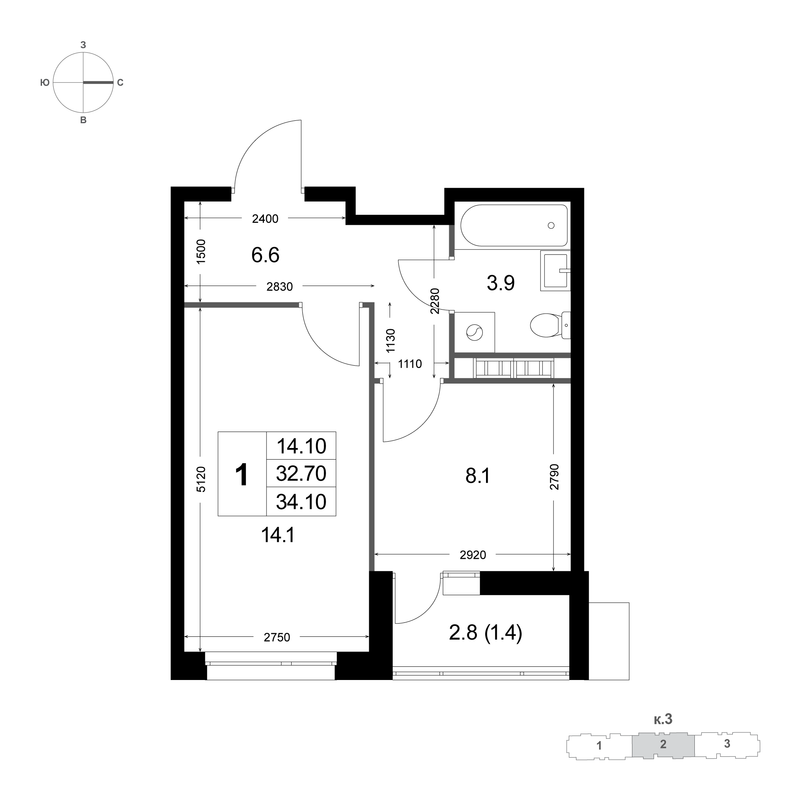1 ккв 32,8 м²