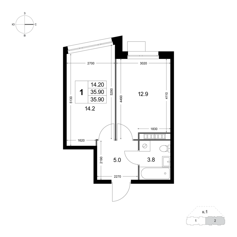 1 ккв 35,9 м²