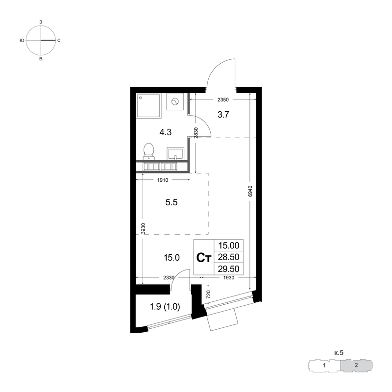 Студия 28,5 м²