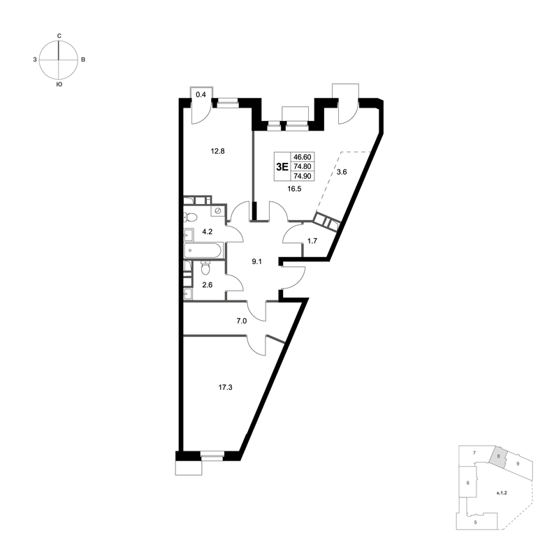 3 ккв (Евро) 74,9 м²