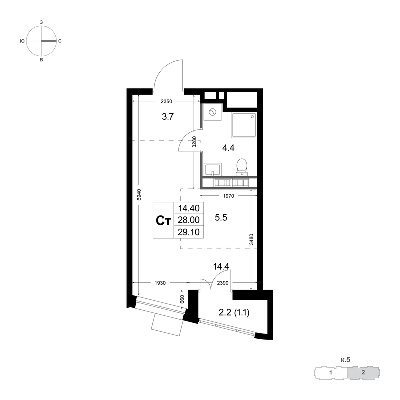 Студия 28,1 м²