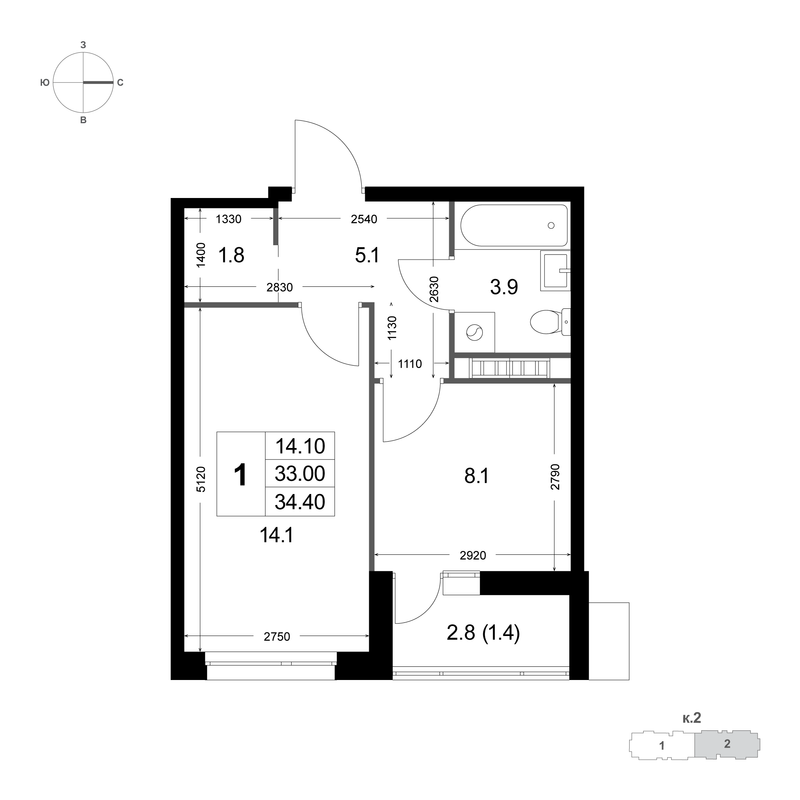 1 ккв 33 м²