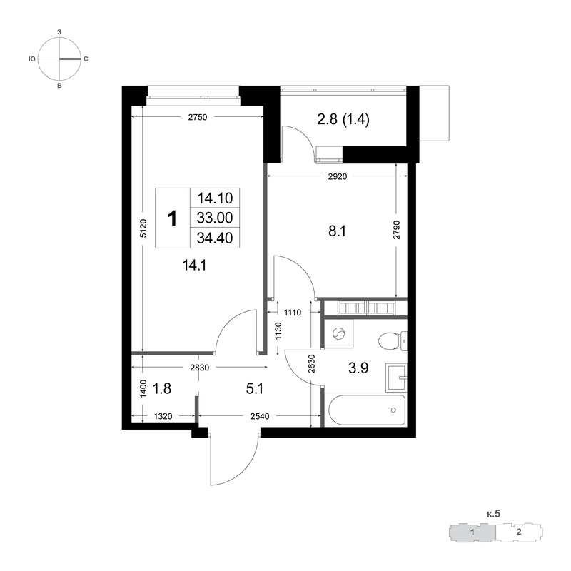 1 ккв 33 м²