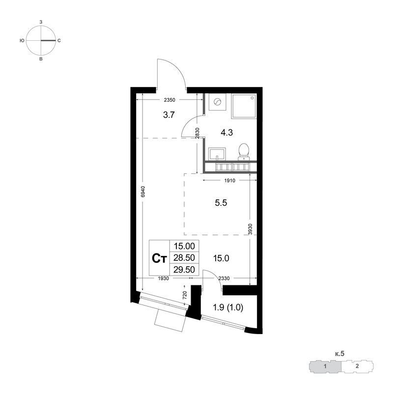 Студия 28,5 м²