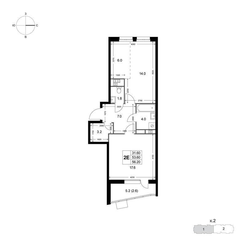 2 ккв (Евро) 53,8 м²