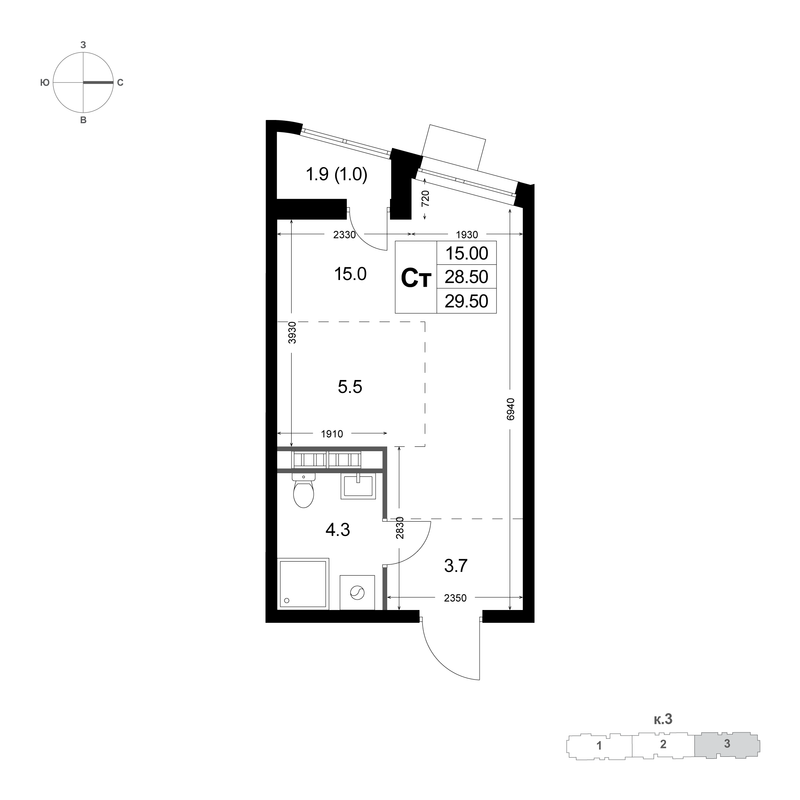 Студия 28,5 м²