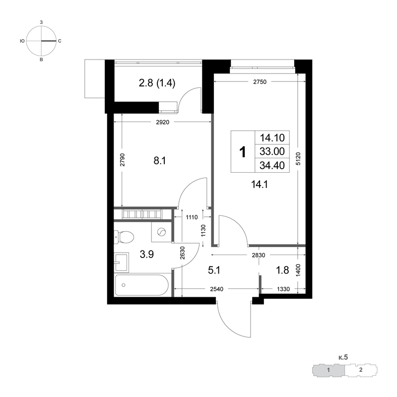 1 ккв 33 м²