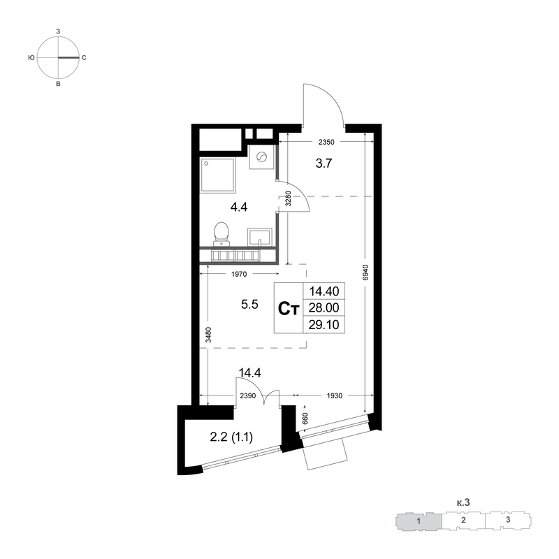 Студия 28 м²