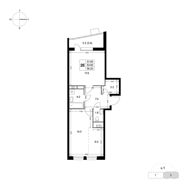 2 ккв (Евро) 53,8 м²