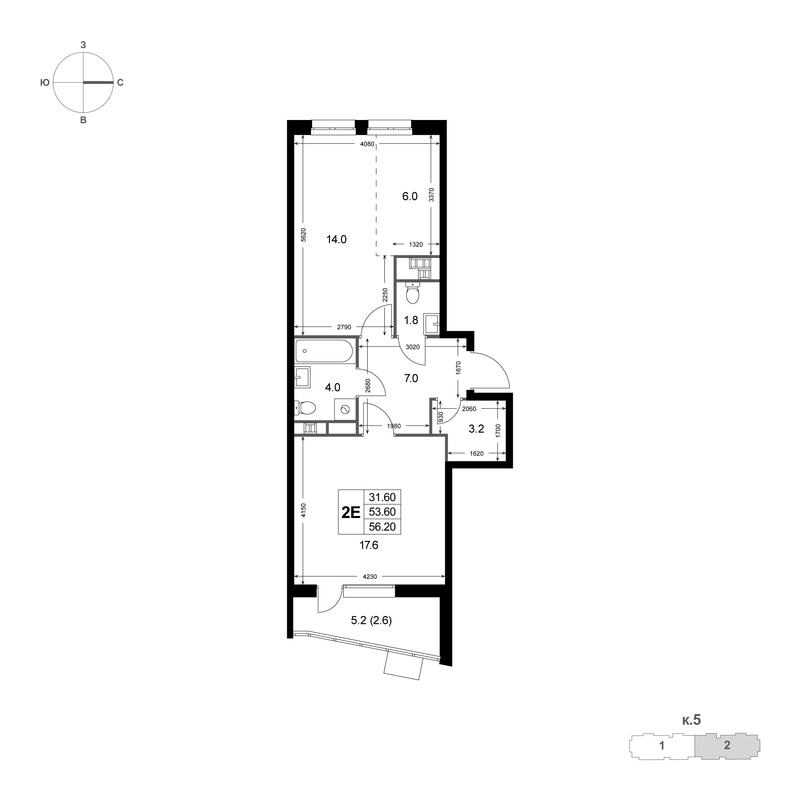 2 ккв (Евро) 53,8 м²