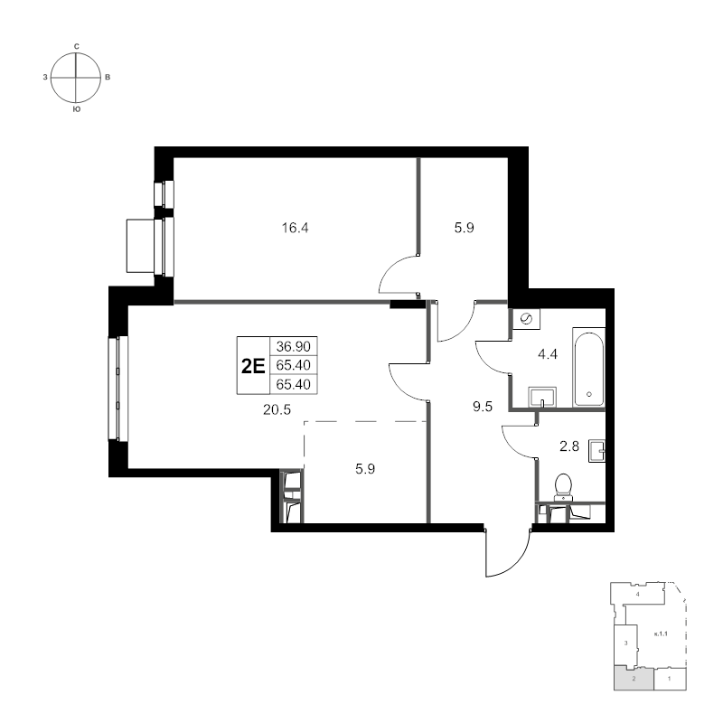 2 ккв (Евро) 65,4 м²