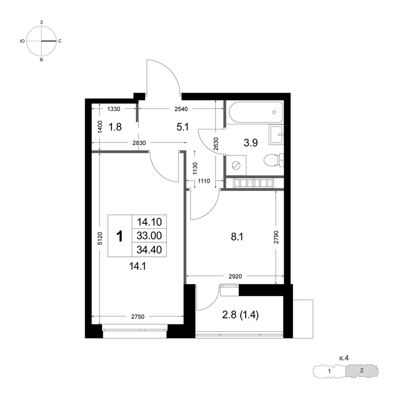 1 ккв 32,9 м²