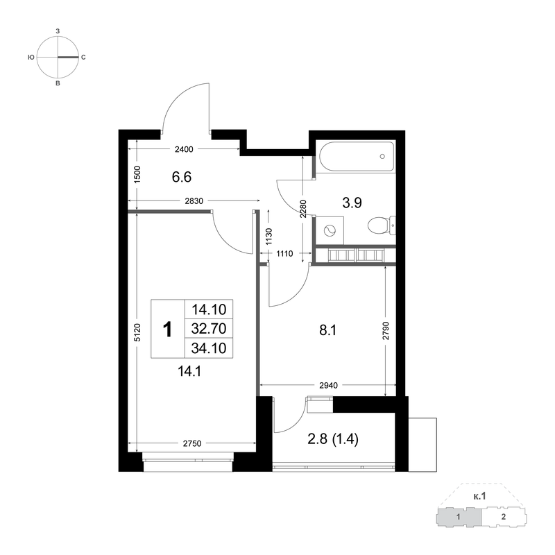 1 ккв 32,8 м²
