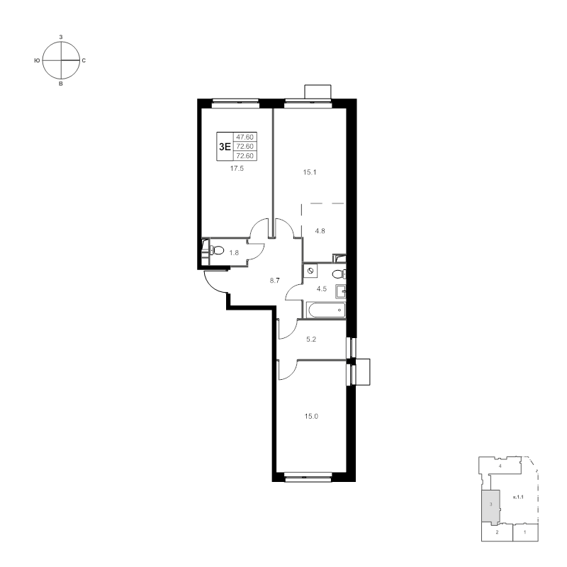 3 ккв (Евро) 72,6 м²