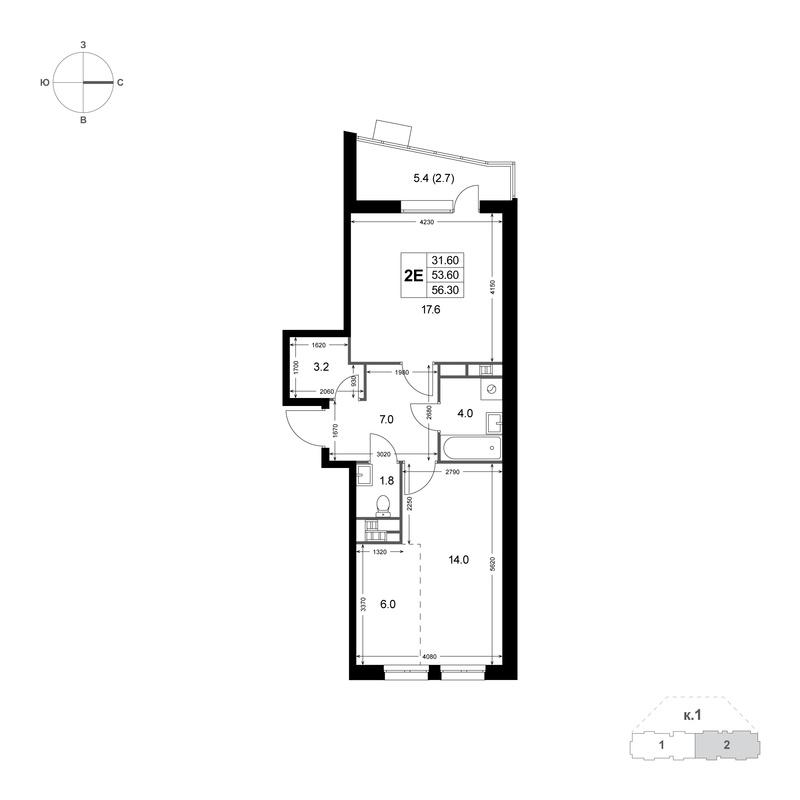 2 ккв (Евро) 53,4 м²