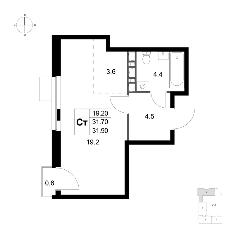 Студия 31,9 м²