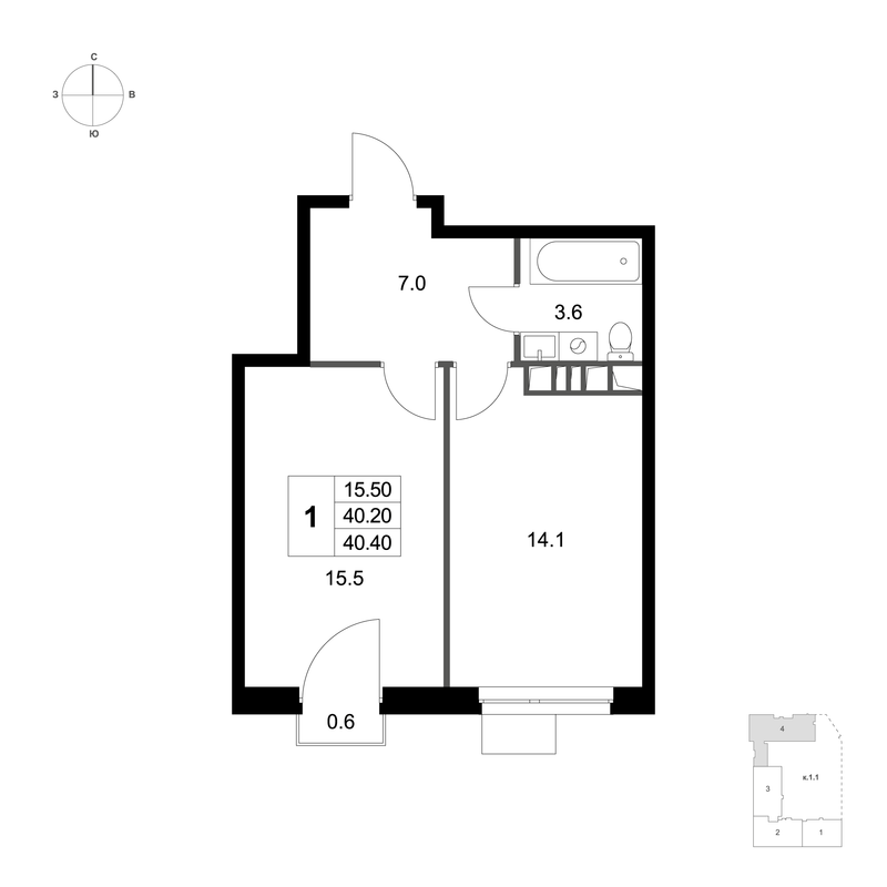 1 ккв 40,4 м²