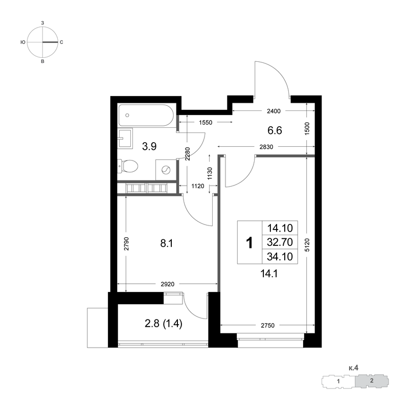1 ккв 32,7 м²