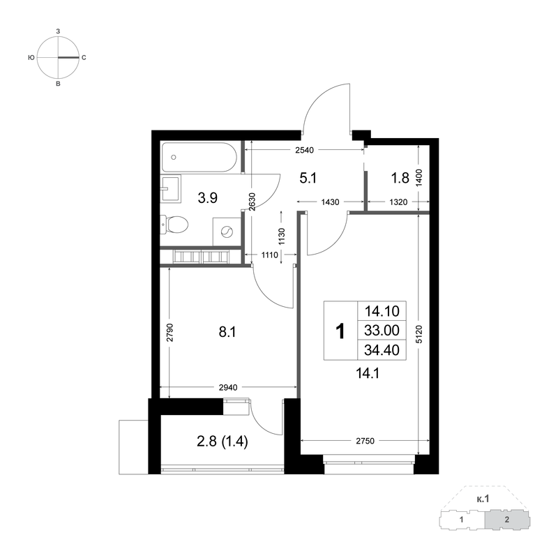 1 ккв 32,9 м²