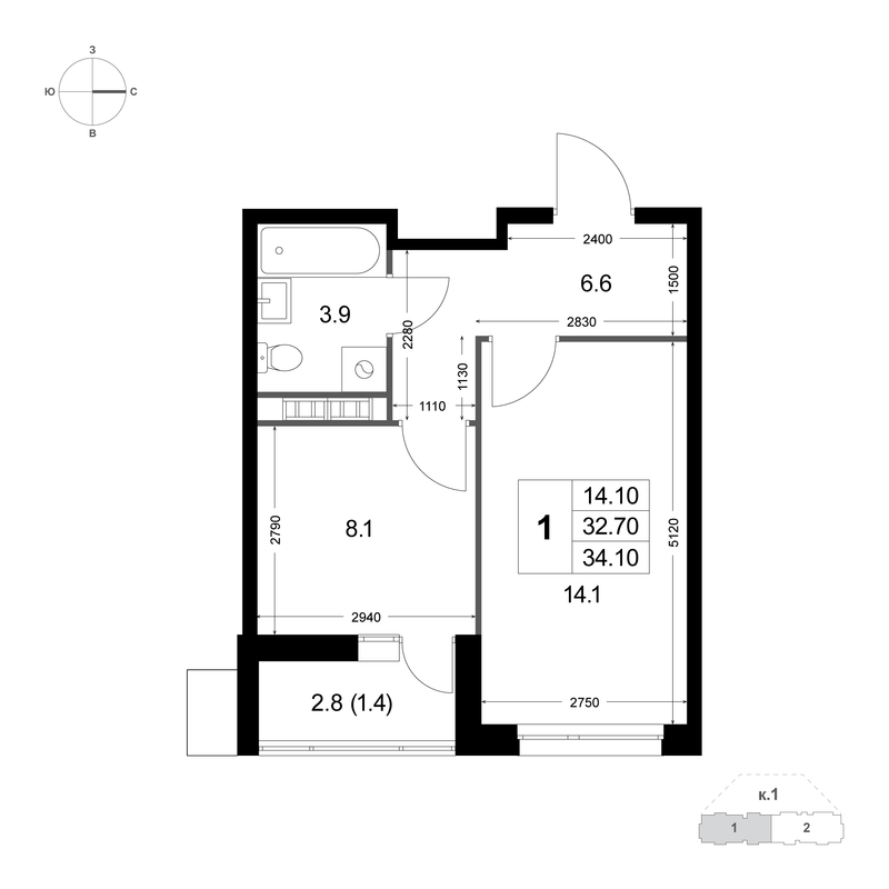 1 ккв 32,7 м²