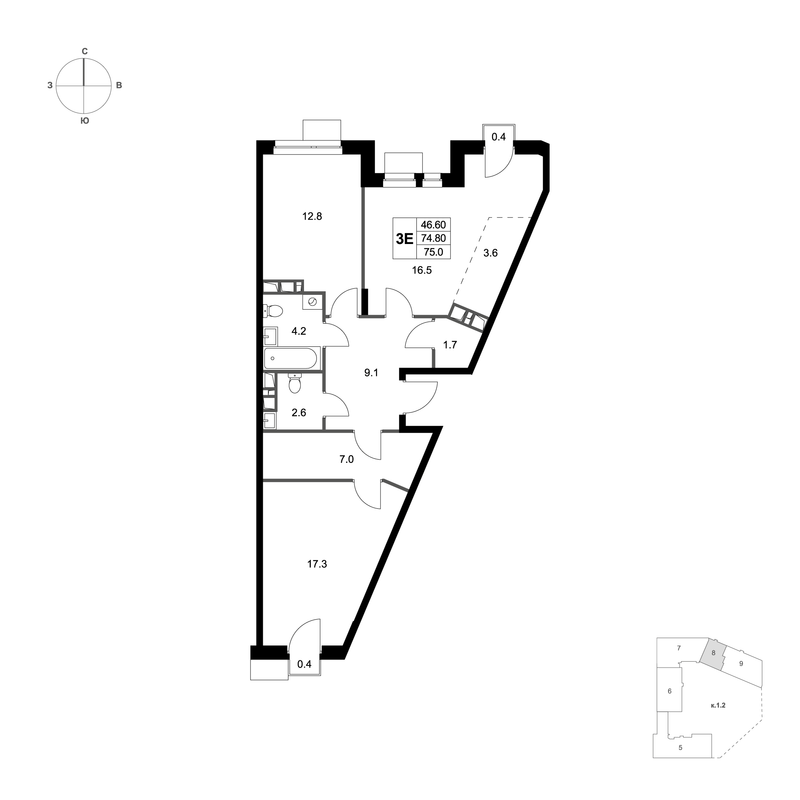 3 ккв (Евро) 75 м²