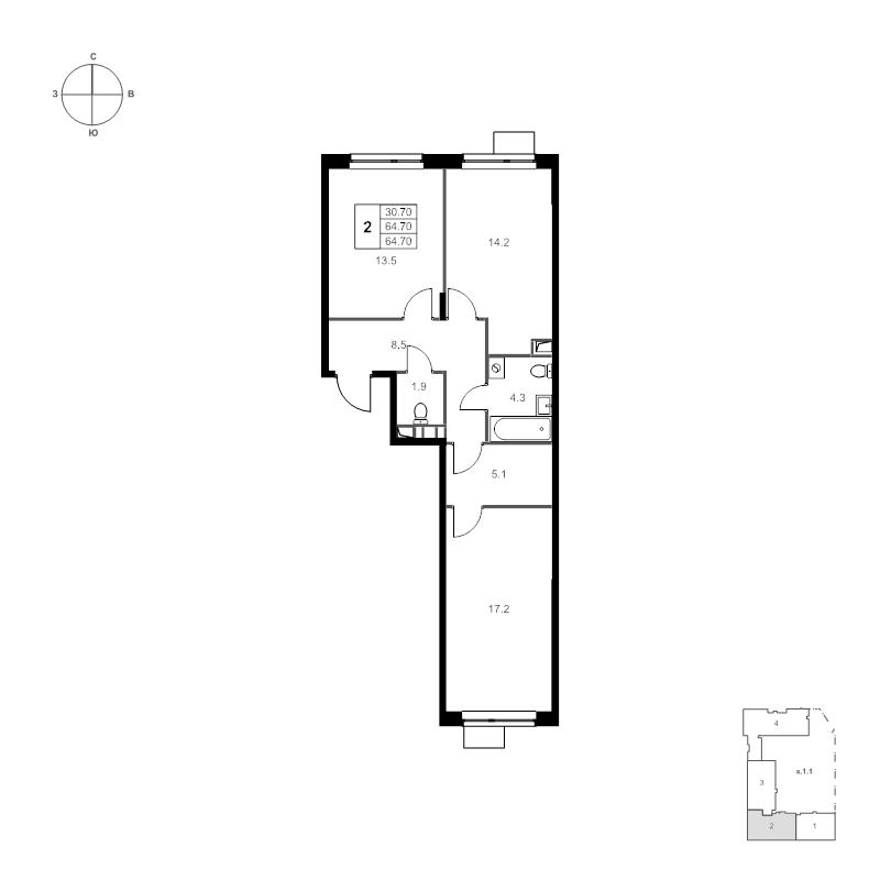 2 ккв 64,7 м²