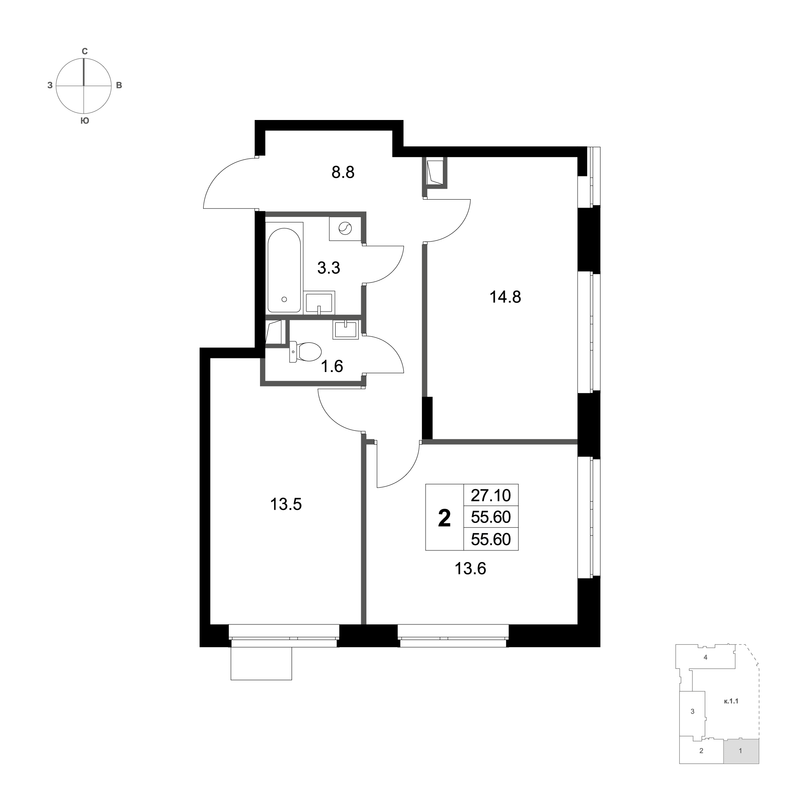 2 ккв 55,6 м²