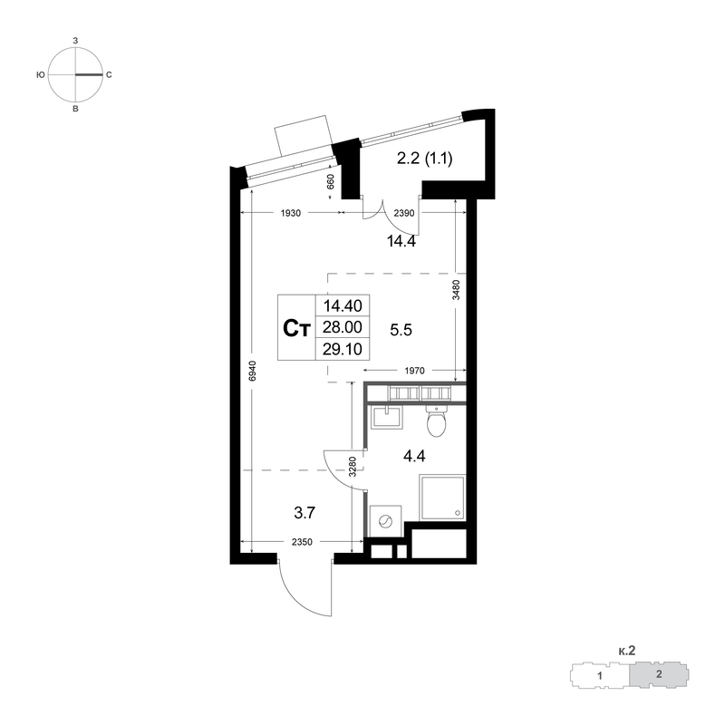 Студия 28 м²