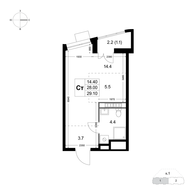 Студия 27,9 м²