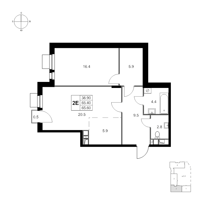 2 ккв (Евро) 65,6 м²