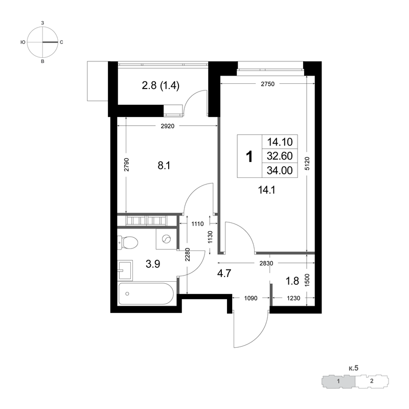 1 ккв 32,6 м²