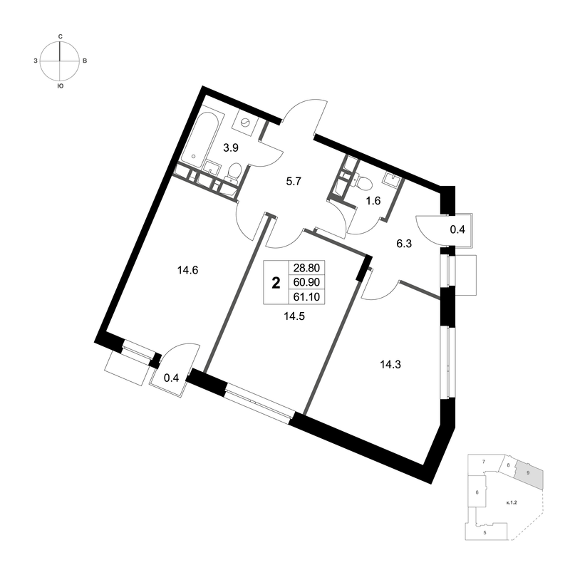 2 ккв 61,1 м²