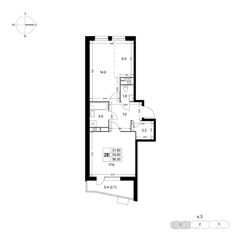 2 ккв (Евро) 53,7 м²