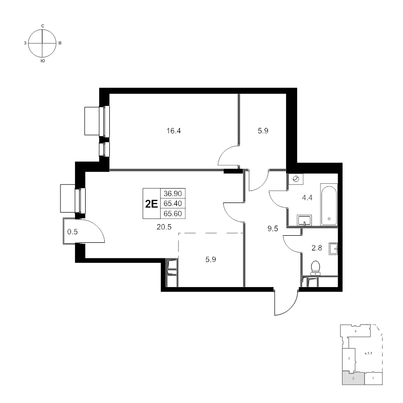 2 ккв (Евро) 65,6 м²