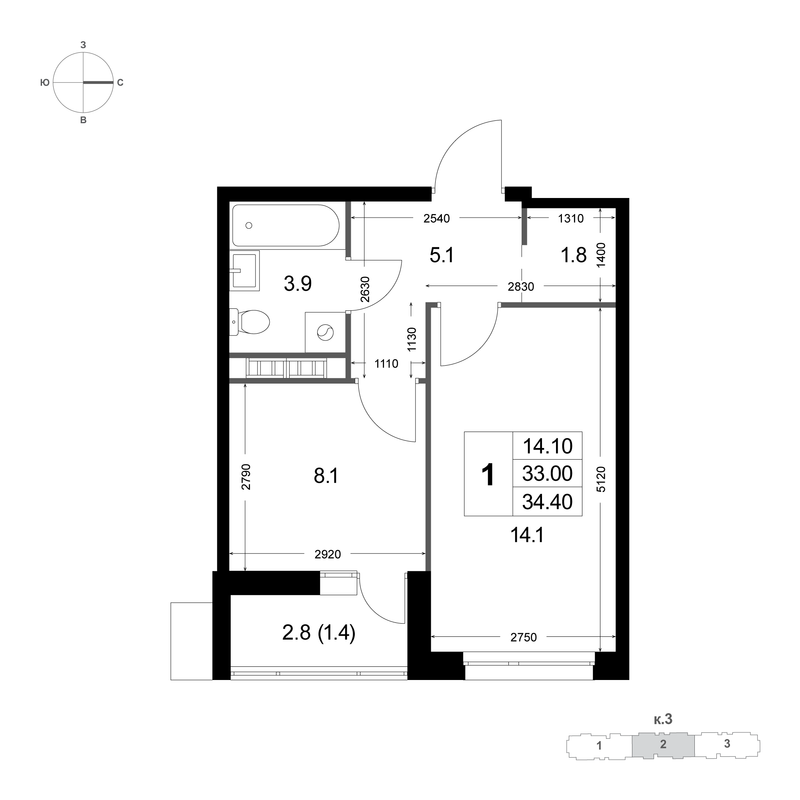 1 ккв 33 м²