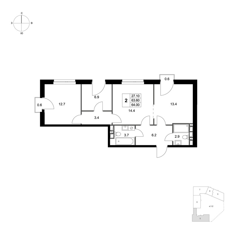 2 ккв 64,2 м²