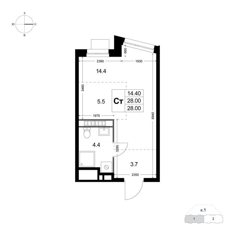 Студия 28 м²
