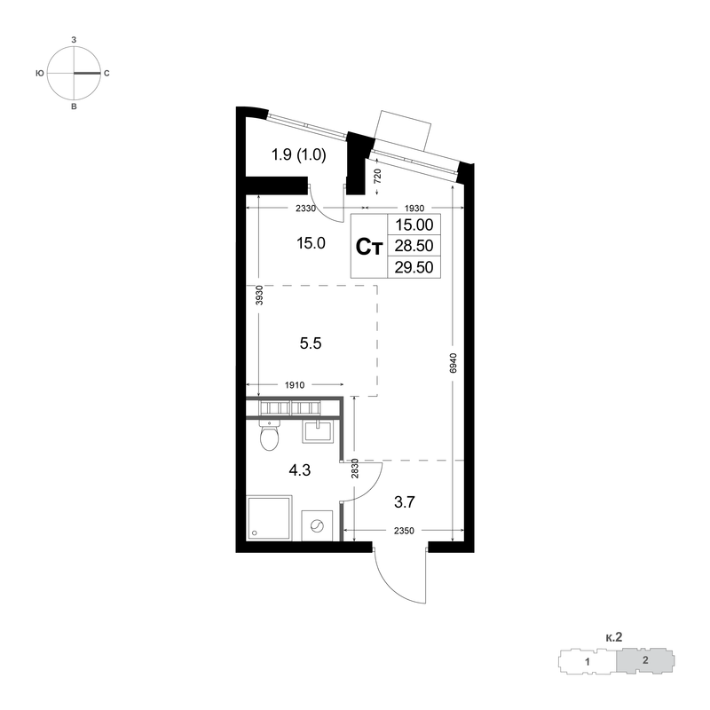 Студия 28,5 м²