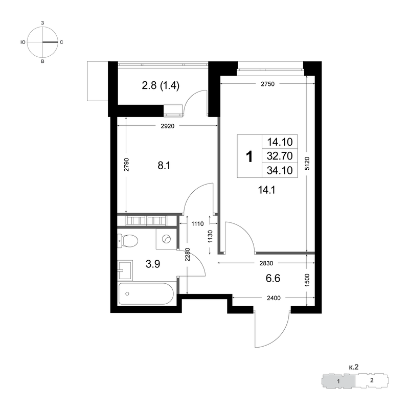 1 ккв 32,7 м²