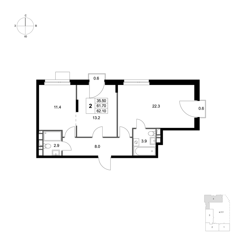 2 ккв 62,1 м²