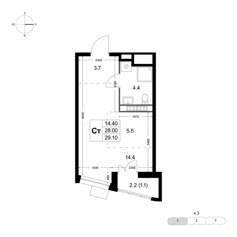 Студия 28,1 м²