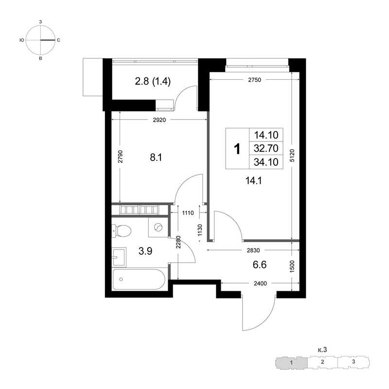 1 ккв 32,7 м²