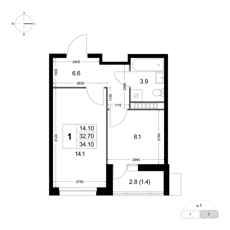 1 ккв 32,8 м²