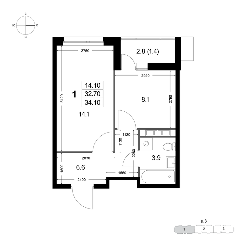 1 ккв 32,6 м²