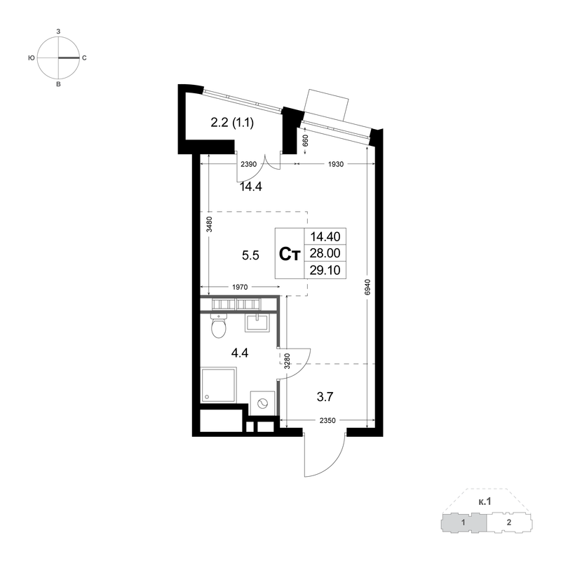Студия 28 м²