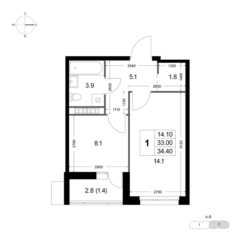 1 ккв 32,9 м²
