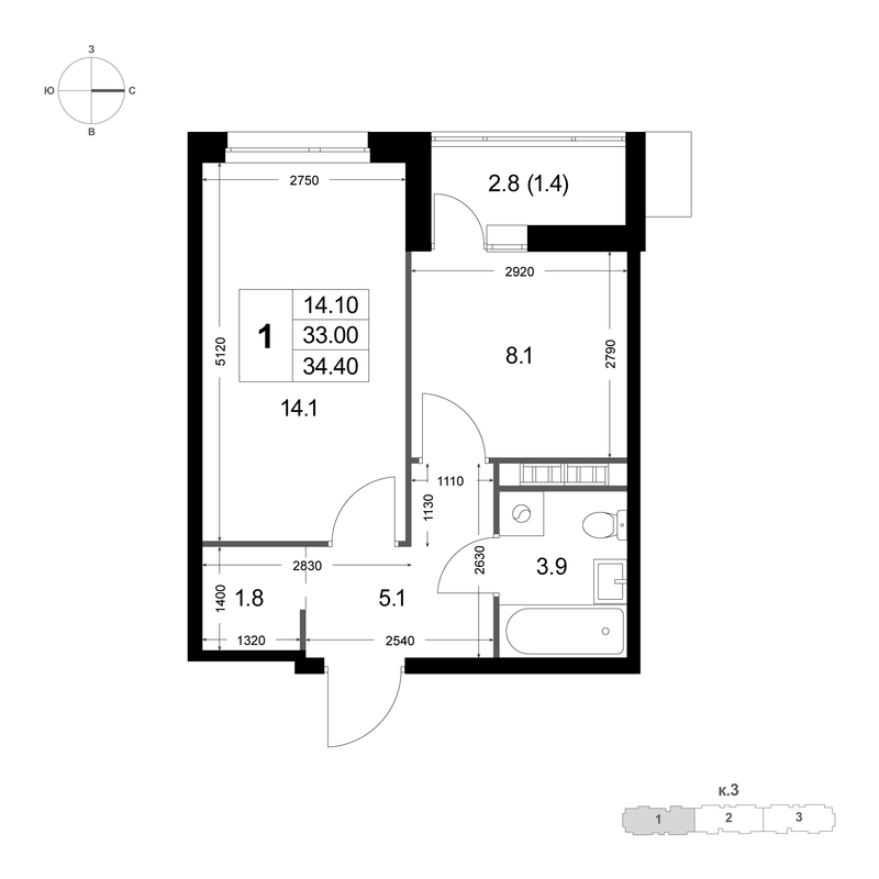 1 ккв 33 м²